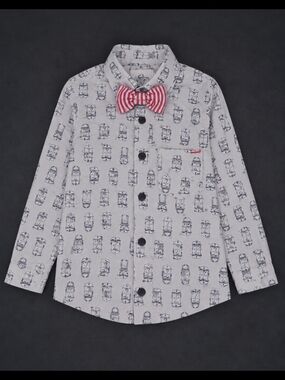 Pl Kids White Printed Button-Up Shirt with Red Bow Tie Size 4